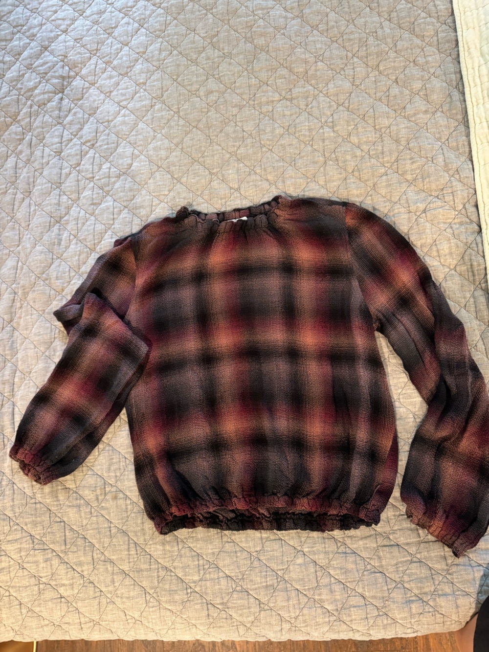 Bella Dahl Burgundy & Black Plaid Peasant Blouse